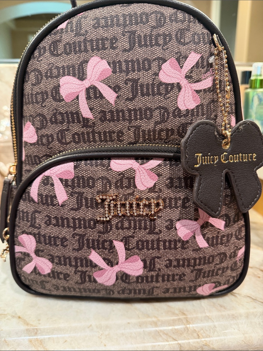 Juicy Couture Brown Logo Mini Backpack with Pink Bows NWT